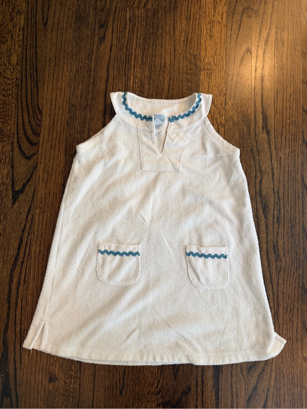 Girls' White Terry Tank Dress with Blue Trim